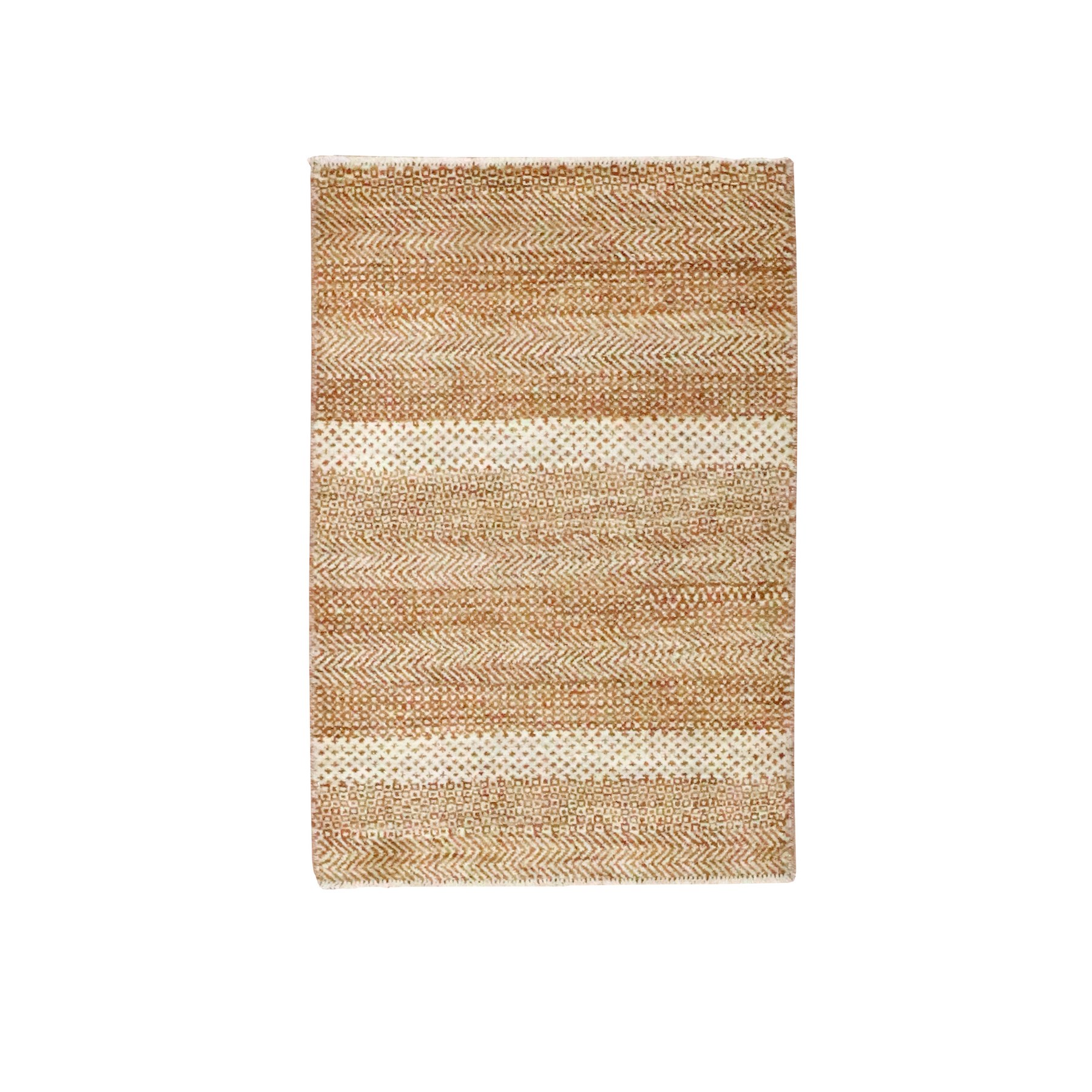 2'x3' Beige-Rust, Tone on Tone, Modern Grass Design, Hand Knotted, Wool and Silk, Mat, Sample, Oriental Rug 